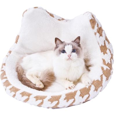 猫用ベッド あったかくつろぎベッド フチ付 ネコ耳ラウンド キャメルブラウン